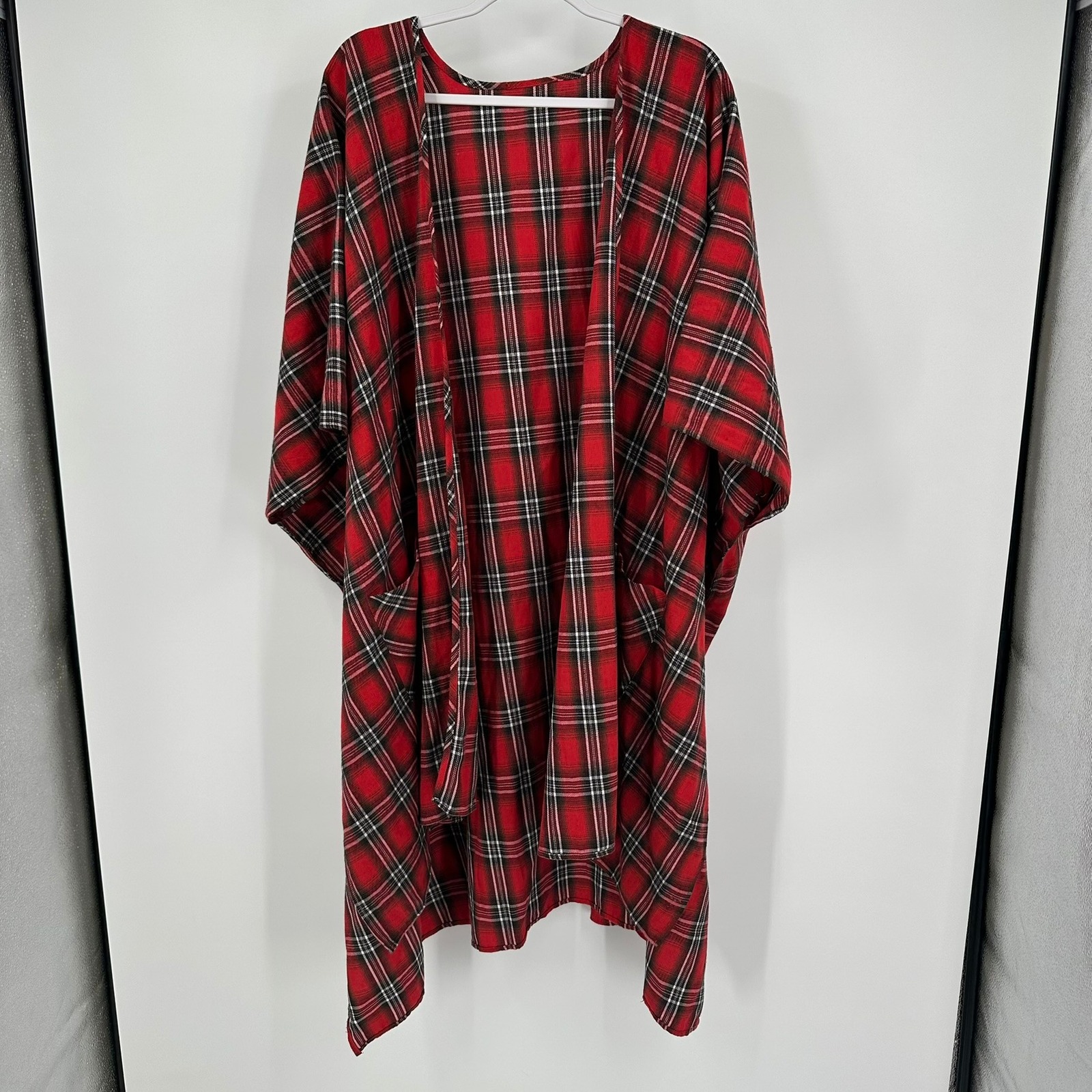 Womens Tartan Plaid Wrap Kimono Os Oversized Open Front Cardigan Pockets Cozy